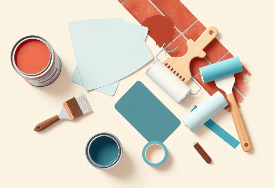 Pots de peinture, nuancier, brosses et rouleaux disposés à plat