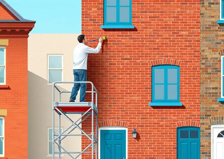 Peintre sur échafaudage traitant la façade d'une maison